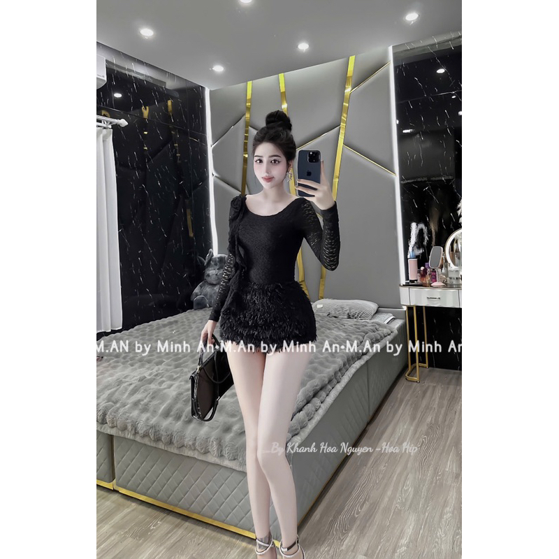 Set áo ren dài tay đính hoa vai mix chân váy lông ôm body