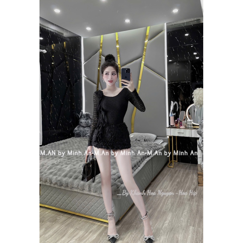 Set áo ren dài tay đính hoa vai mix chân váy lông ôm body