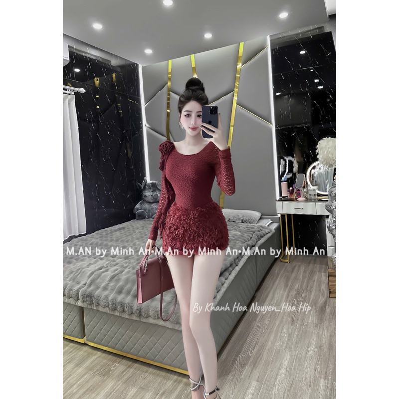Set áo ren dài tay đính hoa vai mix chân váy lông ôm body