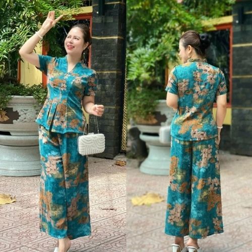 Set Đồ bộ trung niên cách điệu cho mẹ, áo có cổ, quần ống rộng, quần giả váy, chất lụa nhập HAN.T Shop Ms30