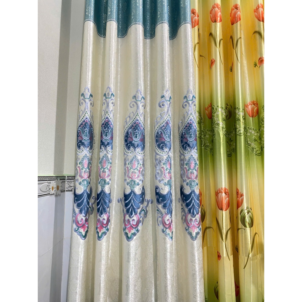 Gấm thêu màu xanh phối chân ren giá của 1 tấm rèm căng thẳng ( chua bao gồm thanh treo) vải polyster cản nắng 90%
