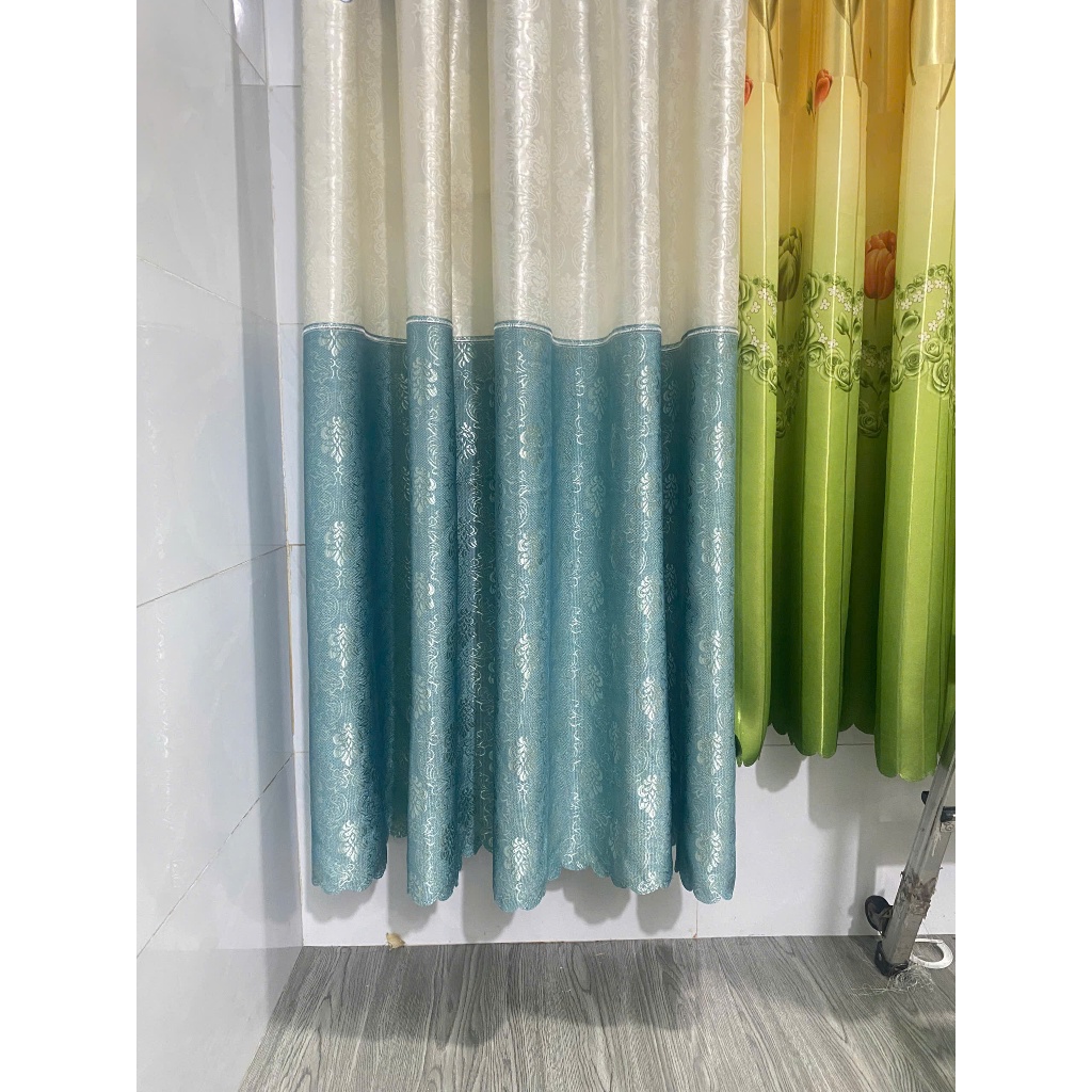 Gấm thêu màu xanh phối chân ren giá của 1 tấm rèm căng thẳng ( chua bao gồm thanh treo) vải polyster cản nắng 90%