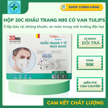 Hộp 20 cái khẩu trang 3D N95 có Van Tulips 5 lớp chống nắng, chống tia UV, chống bụi, kháng khuẩn
