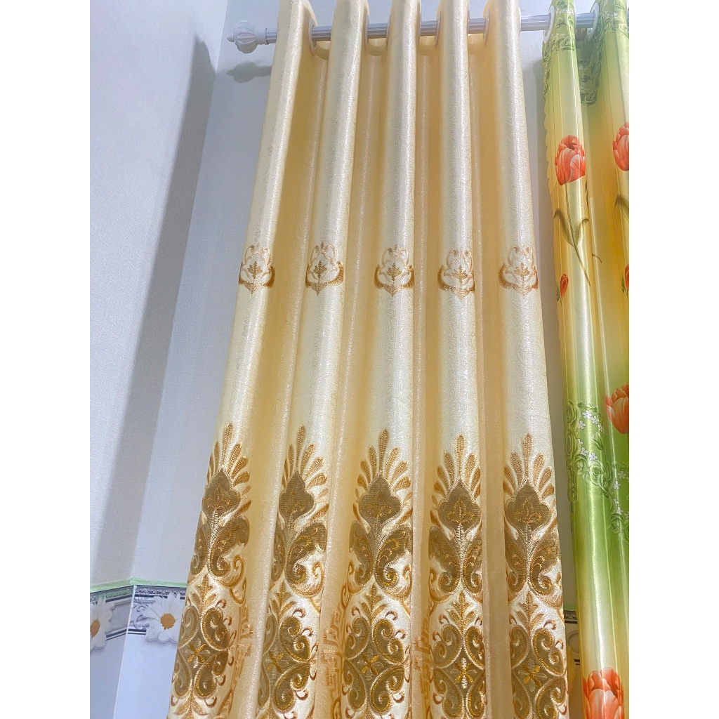 1 TẤM GẤM THÊU MÀU VÀNG PHỐI CHÂN REN CHƯA CÓ CÂY TREO - TREO 1 TẤM MUA 1 TẤM _TREO 2 TẤM MUA 2 TẤM RÈM C VV