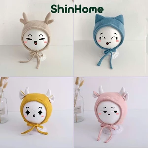 Mũ nỉ thu đông buộc dây hình động vật 2 lớp dày dặn cho bé trai bé gái 0-2 tuổi ShinHome