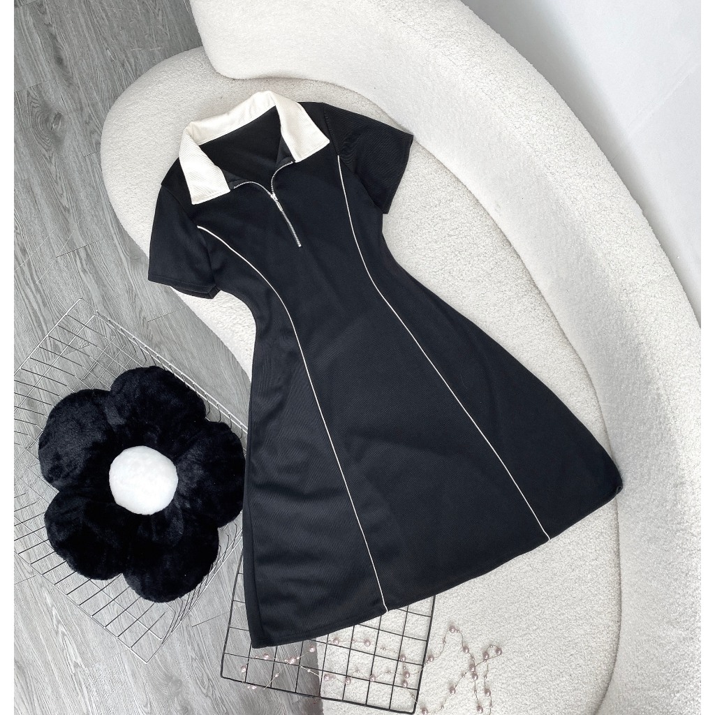 Đầm Polo Bigsize Nữ Dáng Xòe Màu Đen Phối Cổ Trắng,Váy Big Size Cổ Bẻ  Hách Dáng Chất Tăm Mới Mát G93