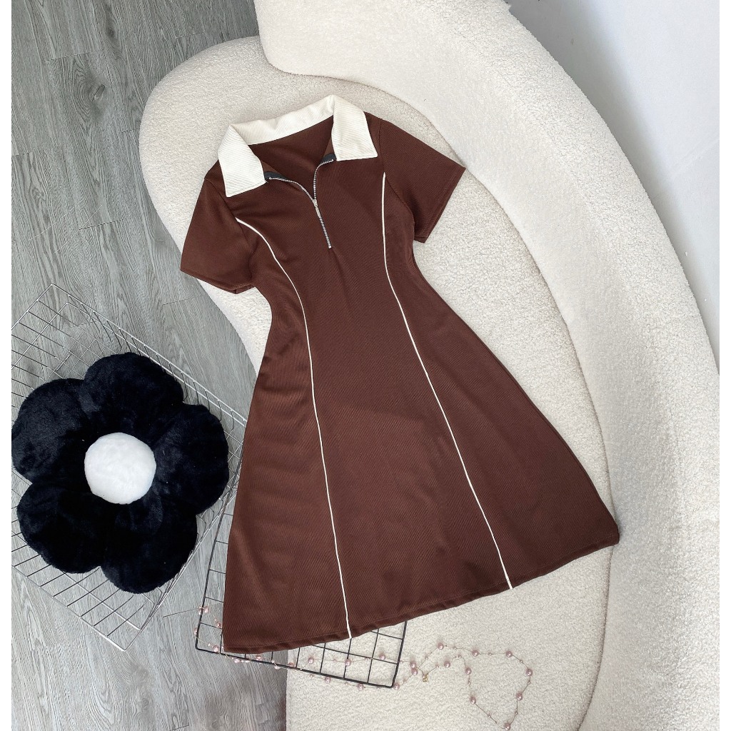 Đầm Polo Bigsize Nữ Dáng Xòe Màu Đen Phối Cổ Trắng,Váy Big Size Cổ Bẻ  Hách Dáng Chất Tăm Mới Mát G93