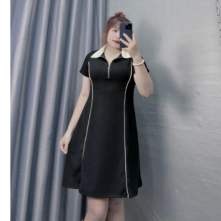 Đầm Polo Bigsize Nữ Dáng Xòe Màu Đen Phối Cổ Trắng,Váy Big Size Cổ Bẻ  Hách Dáng Chất Tăm Mới Mát G93