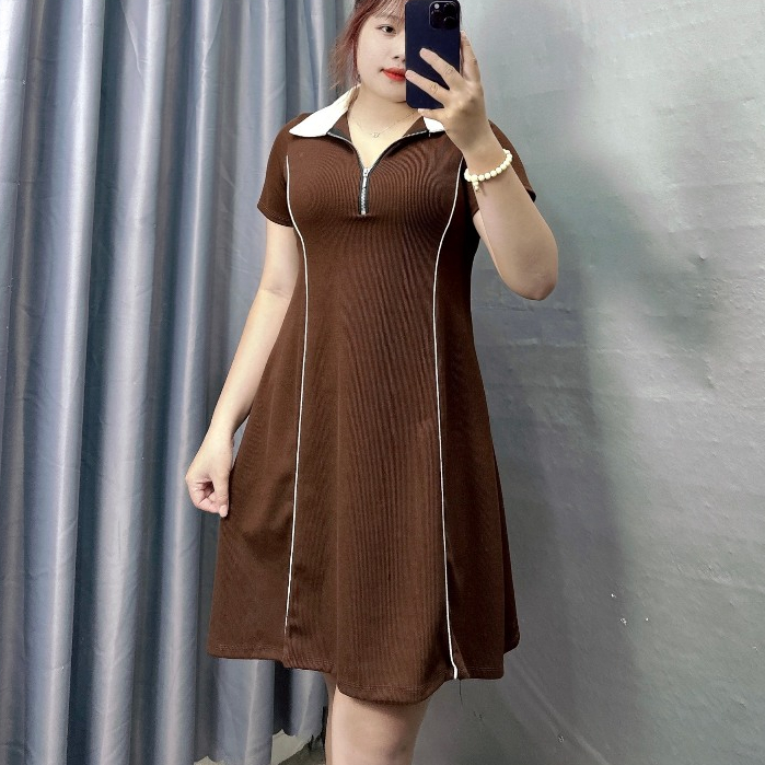 Đầm Polo Bigsize Nữ Dáng Xòe Màu Đen Phối Cổ Trắng,Váy Big Size Cổ Bẻ  Hách Dáng Chất Tăm Mới Mát G93