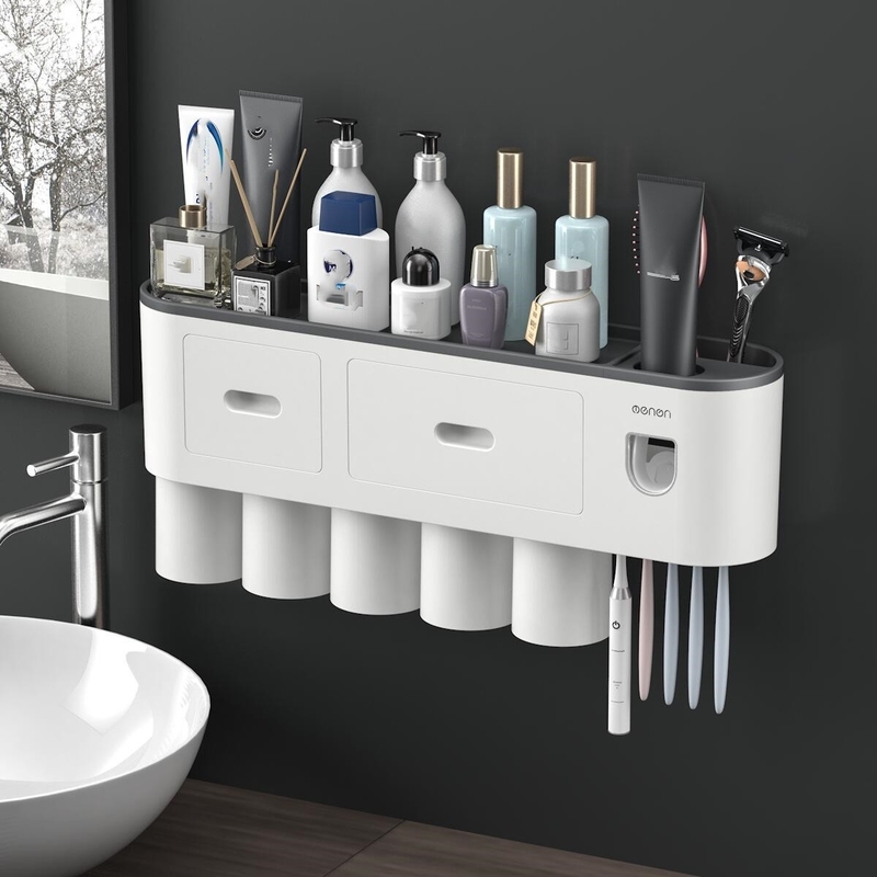 Ảnh Bộ nhả kem đánh răng tự động OENON, Giá treo bàn chải đánh răng dán tường gạch men kèm cốc - OEKEM 1