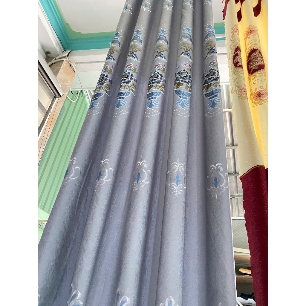 Gấm thêu màu xám phối chân ren giá của 1 tấm rèm căng thẳng ( chua bao gồm thanh treo) vải polyster cản nắng 90%