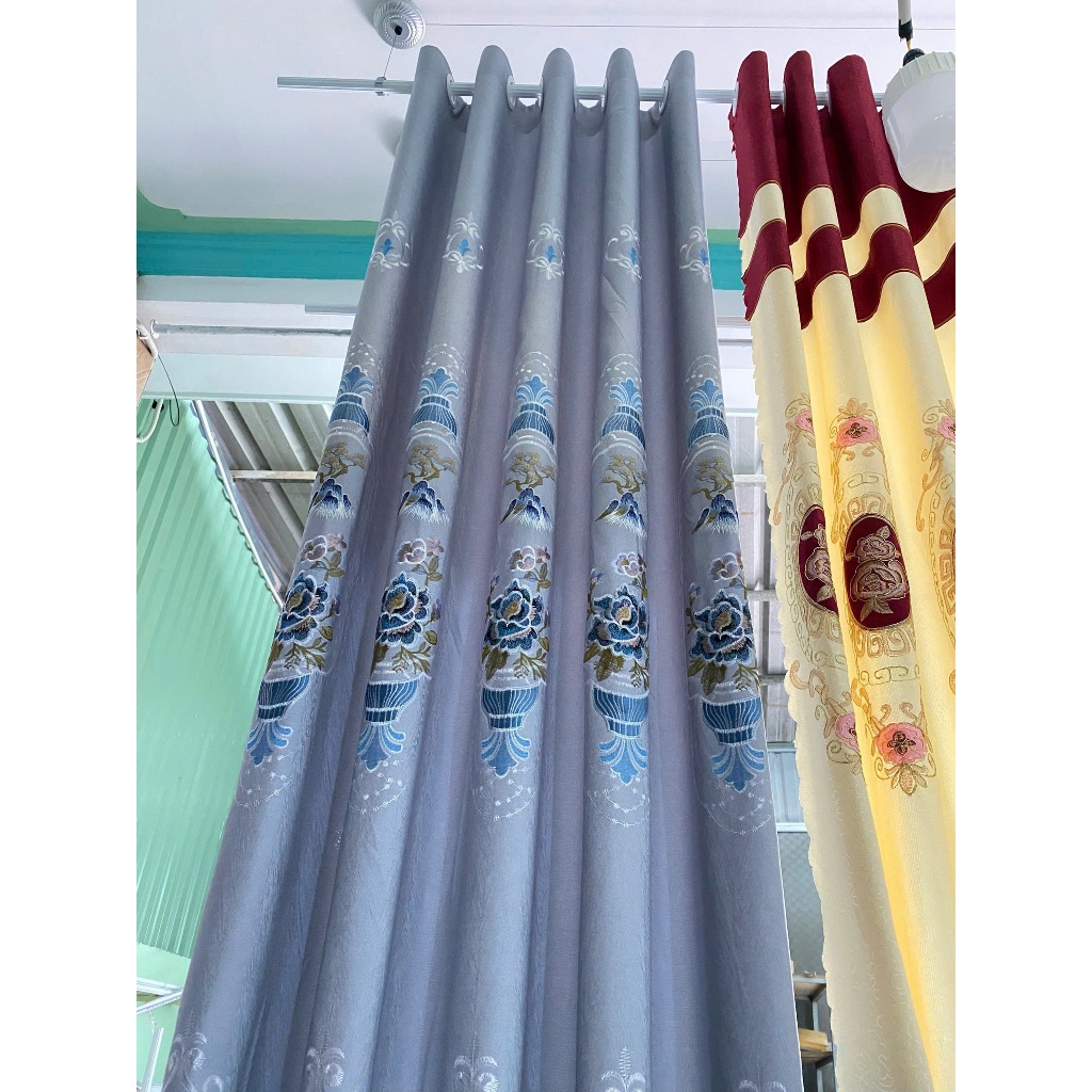 Gấm thêu màu xám phối chân ren giá của 1 tấm rèm căng thẳng ( chua bao gồm thanh treo) vải polyster cản nắng 90%