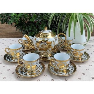Bộ ấm chén uống trà 6 tách kèm 7 dĩa sang trọng hoa văn ngẫu nhiên nhũ vàng hoàng gia, bộ ấm trà dùng chưng bàn khách
