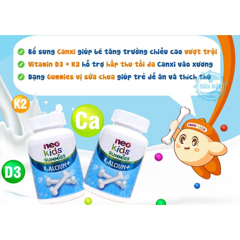 Gummies Canxi Neo Kids Kẹo canxi cho bé vị sữa chua bổ sung Canxi, D3, Vitamin K2 MK7 hộp 60 viên nhai