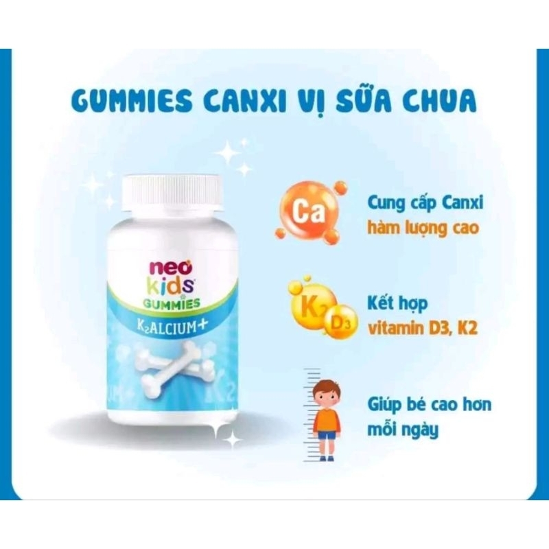 Gummies Canxi Neo Kids Kẹo canxi cho bé vị sữa chua bổ sung Canxi, D3, Vitamin K2 MK7 hộp 60 viên nhai
