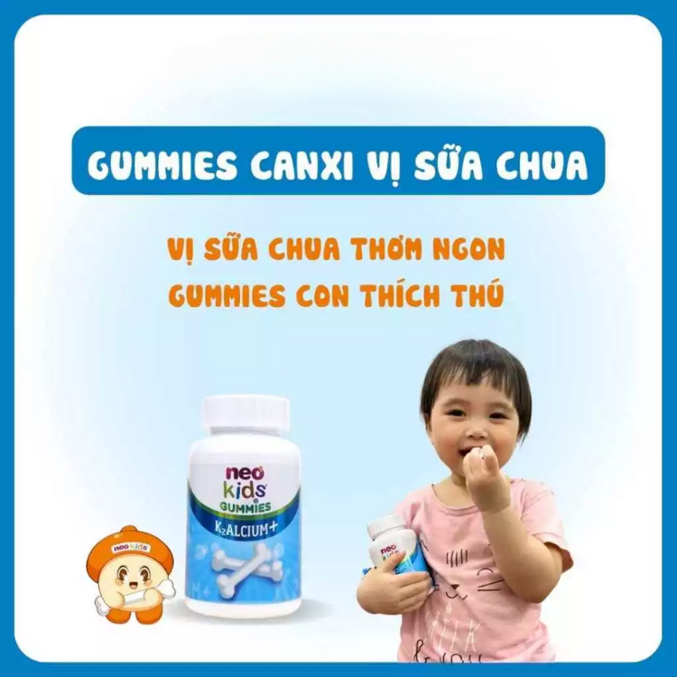 Gummies Canxi Neo Kids Kẹo canxi cho bé vị sữa chua bổ sung Canxi, D3, Vitamin K2 MK7 hộp 60 viên nhai