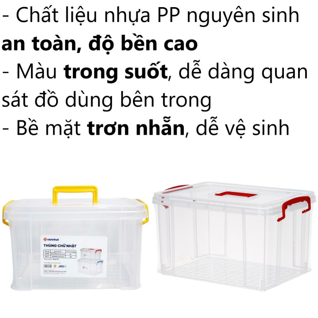 Thùng chữ nhật trong nhựa VIỆT NHẬT 8L, 16L - Khóa gài, quai xách, Thực phẩm, gạo, đồ chơi bé 6576/7 | BigBuy360 - bigbuy360.vn