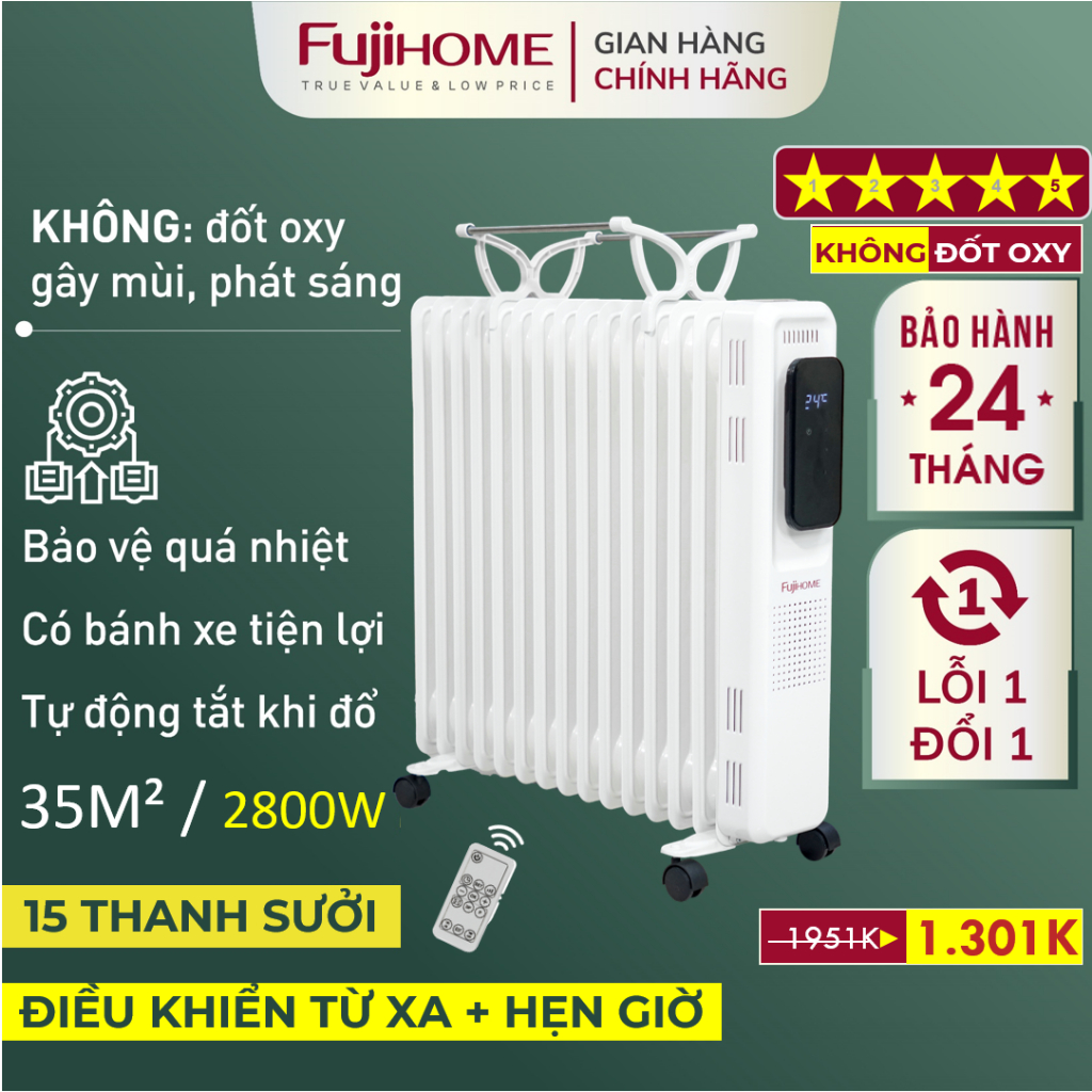 Máy sưởi dầu Nhập Khẩu 15 thanh không khô da FUJIHOME, lò sưởi phòng điều chỉnh nhiệt độ ko đốt oxy heaters fin