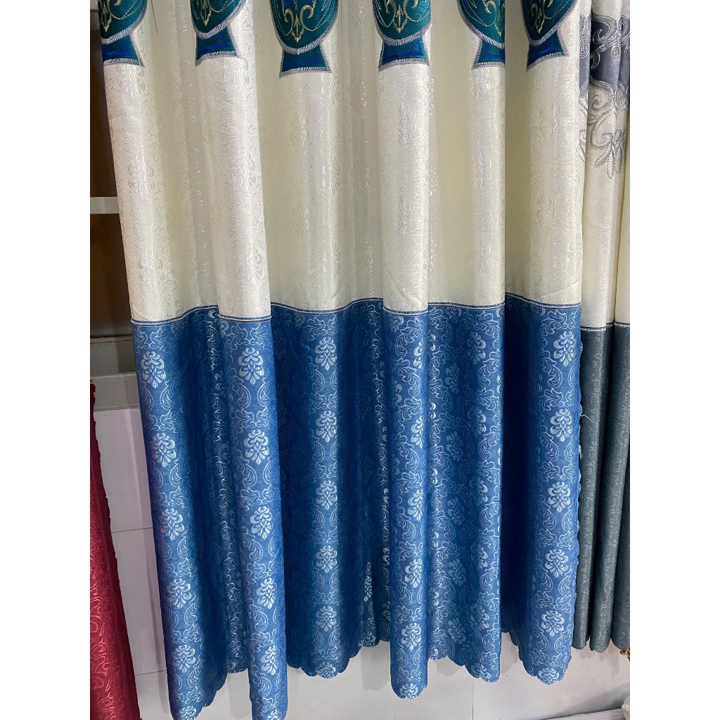 Gấm thêu màu xanh biển phối chân ren giá của 1 tấm rèm căng thẳng ( chua bao gồm thanh treo) vải polyster cản nắng 90%