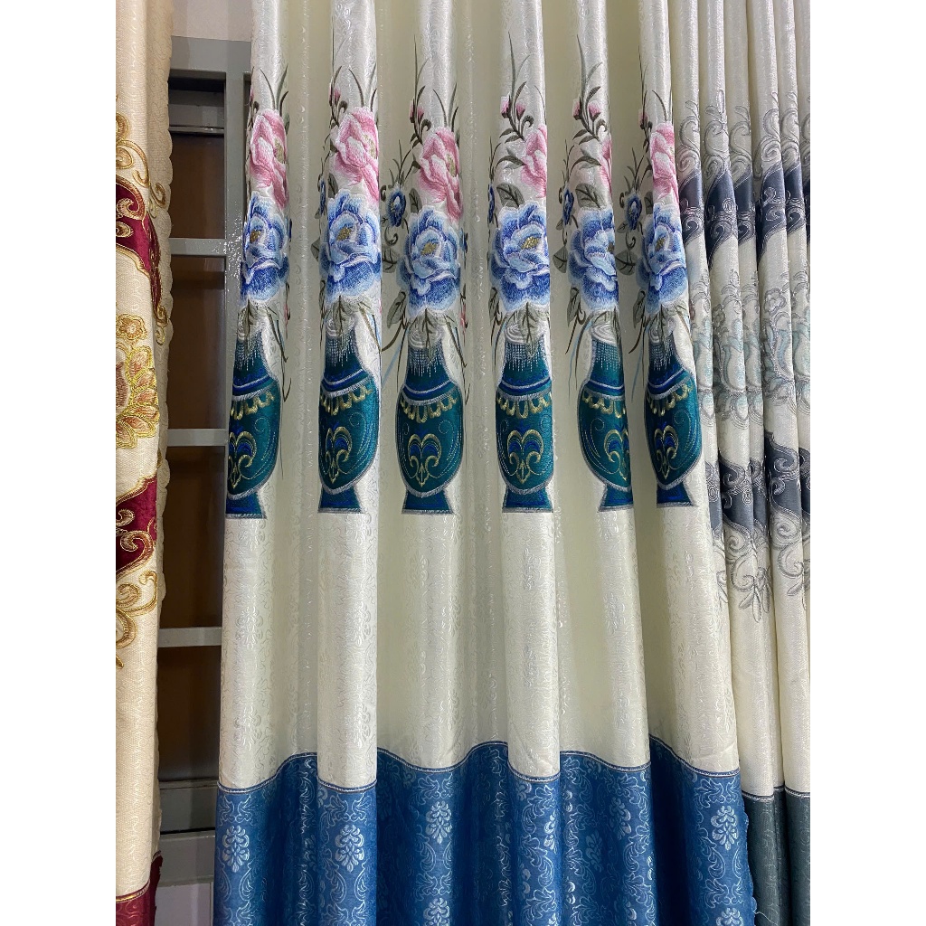 Gấm thêu màu xanh biển phối chân ren giá của 1 tấm rèm căng thẳng ( chua bao gồm thanh treo) vải polyster cản nắng 90%
