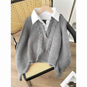 Áo len dệt kim dài tay 4 màu phối cổ polo cực xinh chuẩn hàng QC-TD100