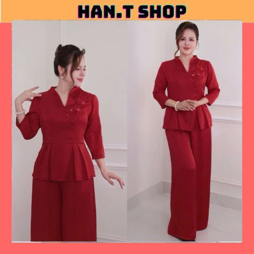 (HÀNG CAO CẤP) Đồ Bộ trung niên  cho mẹ, chất lụa mỹ cao cấp,Áo kiểu cổ sen,quần ống rộng, thiết kế cách điệu ( MS56 )