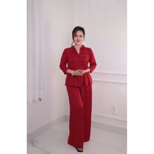(HÀNG CAO CẤP) Đồ Bộ trung niên  cho mẹ, chất lụa mỹ cao cấp,Áo kiểu cổ sen,quần ống rộng, thiết kế cách điệu ( MS56 )