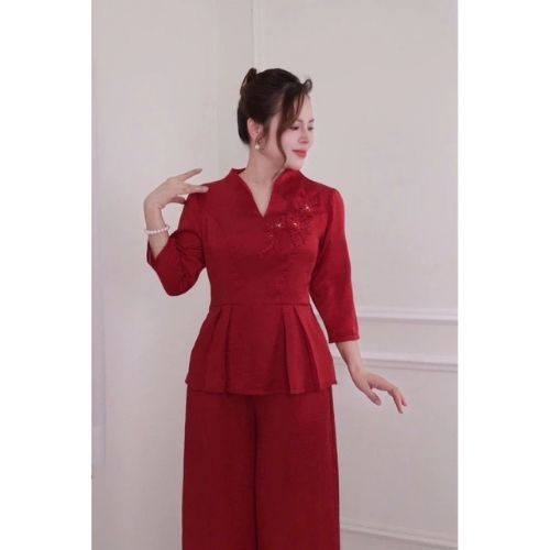 (HÀNG CAO CẤP) Đồ Bộ trung niên  cho mẹ, chất lụa mỹ cao cấp,Áo kiểu cổ sen,quần ống rộng, thiết kế cách điệu ( MS56 )