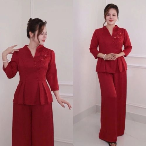 (HÀNG CAO CẤP) Đồ Bộ trung niên  cho mẹ, chất lụa mỹ cao cấp,Áo kiểu cổ sen,quần ống rộng, thiết kế cách điệu ( MS56 )