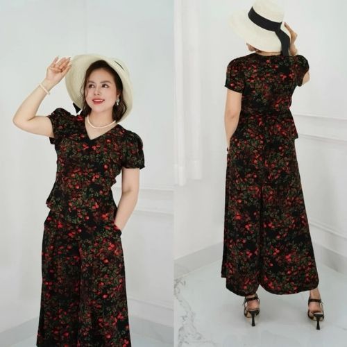 ( Hàng Cao Cấp )Set Đồ bộ trung niên cho mẹ,chất lua nhập cao cấp áo có cổ, quần ống rộng, quần giả váy ( MS29 )