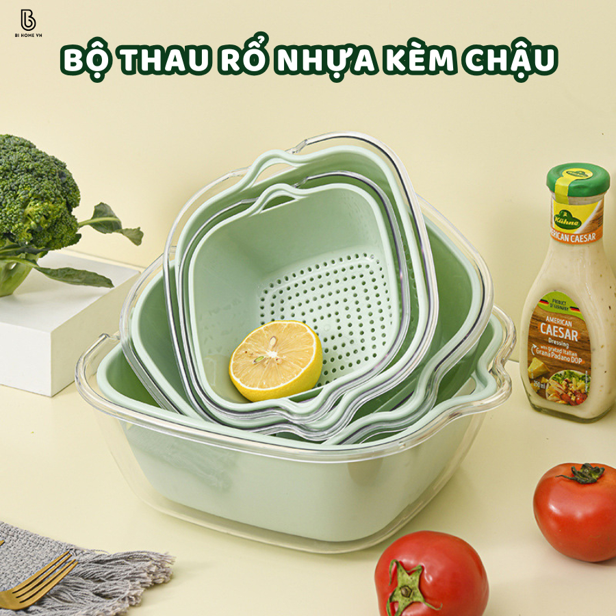 Bộ Thau Rổ Nhựa Kèm Chậu, Rổ Nhựa Đựng Rau Củ Quả 2 Lớp Thiết Kế Thoát ...