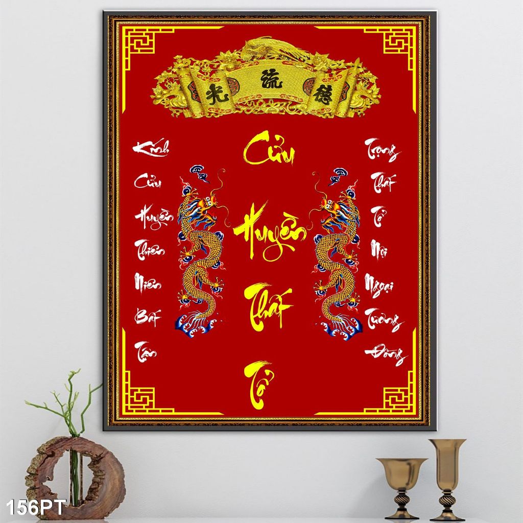 Tranh trang trí bàn thờ Cửu Huyền Thất Tổ. Tranh lụa dán tường 3D