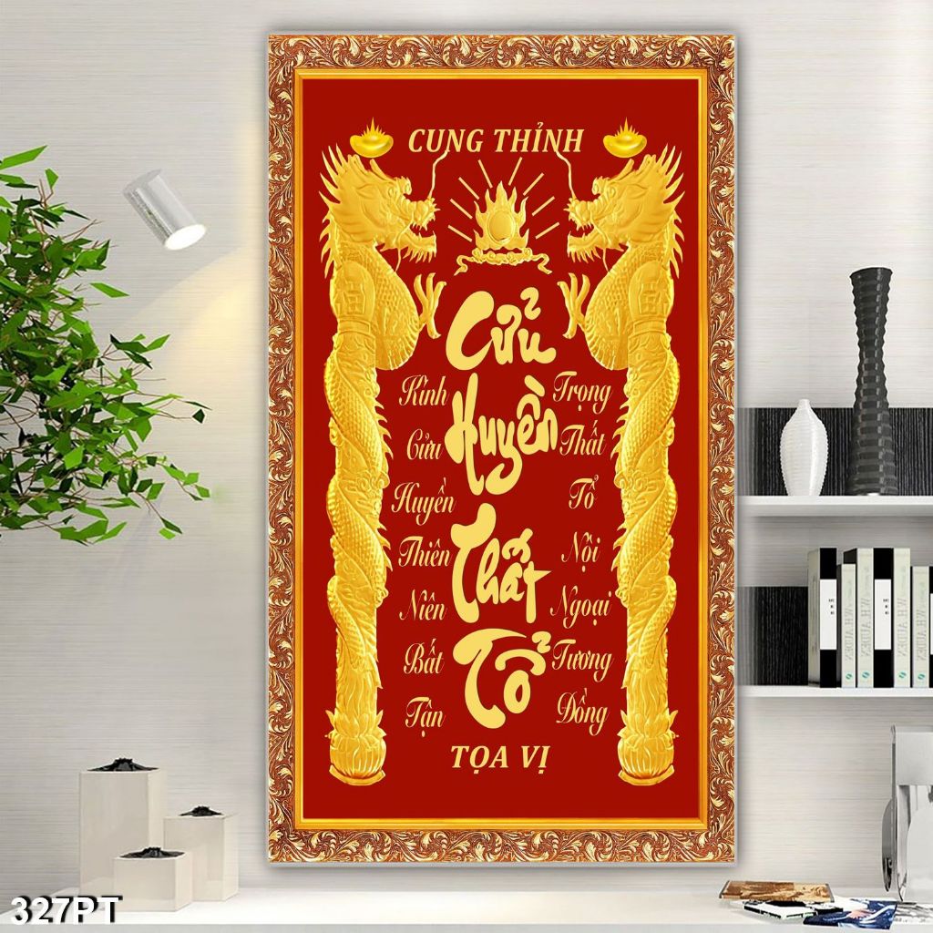 Tranh trang trí bàn thờ Cửu Huyền Thất Tổ. Tranh lụa dán tường 3D