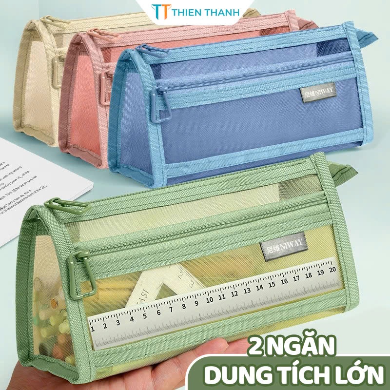 Túi Đựng Bút Lưới Trong Suốt 2 Ngăn – Hộp Bút Đựng Thước, Văn Phòng Phẩm Đơn Giản Tiện Lợi