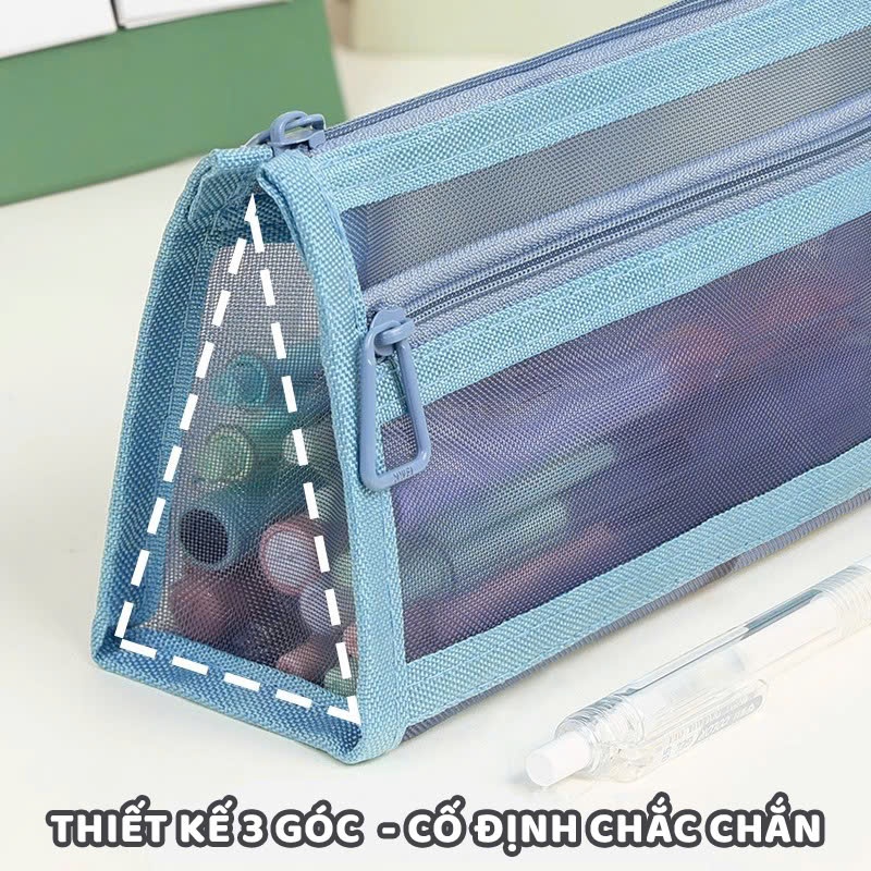 Túi Đựng Bút Lưới Trong Suốt 2 Ngăn – Hộp Bút Đựng Thước, Văn Phòng Phẩm Đơn Giản Tiện Lợi