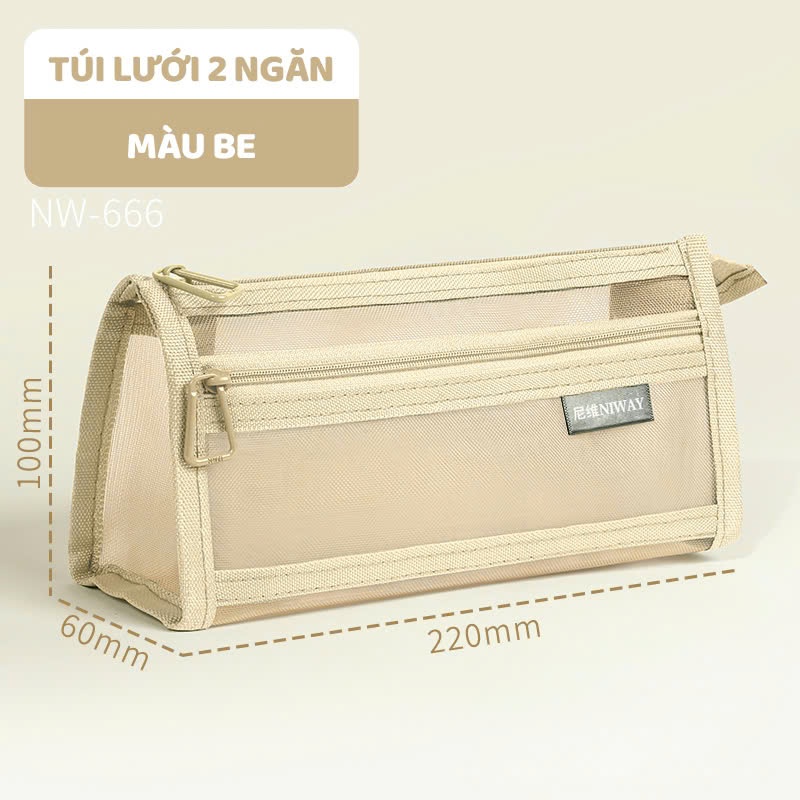 Túi Đựng Bút Lưới Trong Suốt 2 Ngăn – Hộp Bút Đựng Thước, Văn Phòng Phẩm Đơn Giản Tiện Lợi