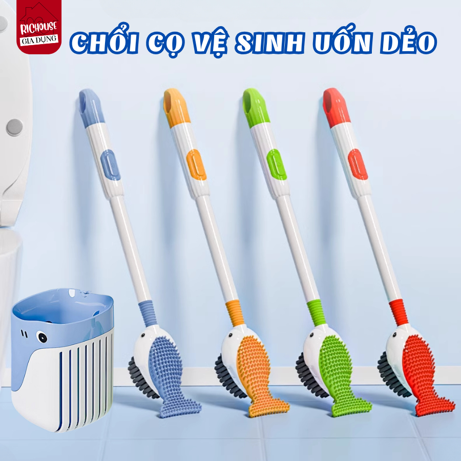 Cọ Bồn Cầu Silicon Cá Heo Dẻo Xoay 360 Độ, Chổi Cọ Vệ Sinh Có Ngăn Chứa Nước Tẩy