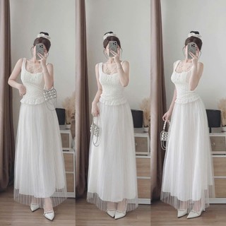 Set váy nữ thiết kế áo 2 dây chất xốp ôm eo cúp ngực phối chân váy voan tơ 2 lớp xếp ly tùng lưới sang chảnh