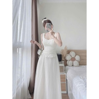 Set váy nữ thiết kế áo 2 dây chất xốp ôm eo cúp ngực phối chân váy voan tơ 2 lớp xếp ly tùng lưới sang chảnh