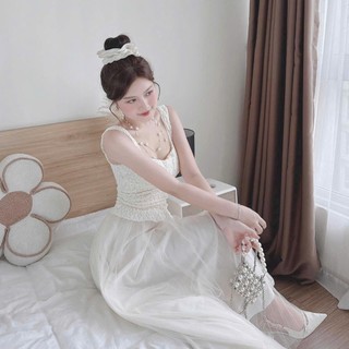Set váy nữ thiết kế áo 2 dây chất xốp ôm eo cúp ngực phối chân váy voan tơ 2 lớp xếp ly tùng lưới sang chảnh