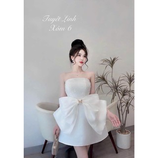 Đầm thiết kế dự tiệc chất tapta dáng babydoll xòe cúp ngực phối kim sa kèm nơ to 3 màu sang chảnh lựa chọn