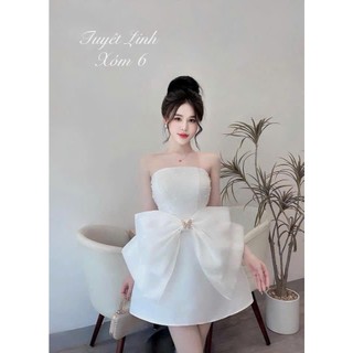 Đầm thiết kế dự tiệc chất tapta dáng babydoll xòe cúp ngực phối kim sa kèm nơ to 3 màu sang chảnh lựa chọn
