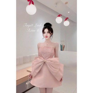 Đầm thiết kế dự tiệc chất tapta dáng babydoll xòe cúp ngực phối kim sa kèm nơ to 3 màu sang chảnh lựa chọn