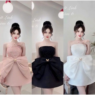 Đầm thiết kế dự tiệc chất tapta dáng babydoll xòe cúp ngực phối kim sa kèm nơ to 3 màu sang chảnh lựa chọn