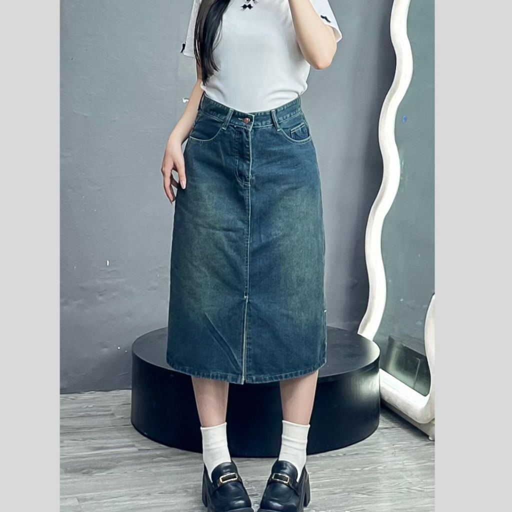Chân Váy Jean Dáng Dài Xẻ Tà Bigsize Nữ,Chân Váy Bò Cạp Cao Ôm Eo Phong Cách Ulzzang V5