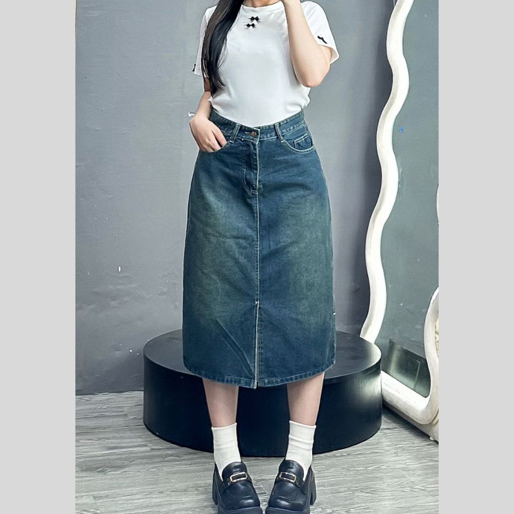 Chân Váy Jean Dáng Dài Xẻ Tà Bigsize Nữ,Chân Váy Bò Cạp Cao Ôm Eo Phong Cách Ulzzang V5