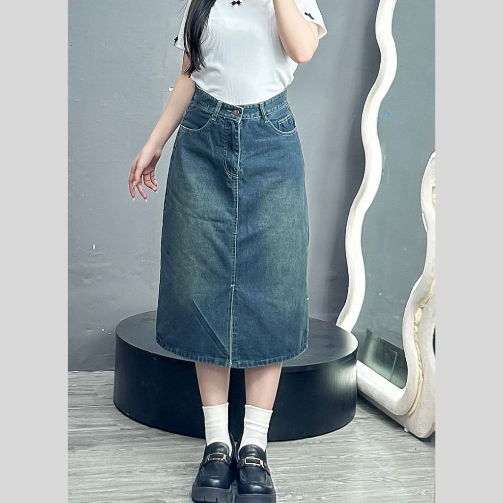Chân Váy Jean Dáng Dài Xẻ Tà Bigsize Nữ,Chân Váy Bò Cạp Cao Ôm Eo Phong Cách Ulzzang V5