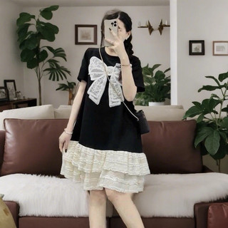 Váy bầu - Đen COTTONG Nơ Đính Ngọc Đuôi Trắng Ren Tầng [ MIỄN SHIP ]
