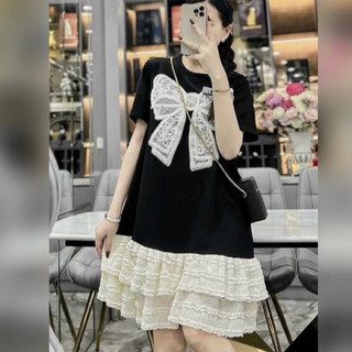 Váy bầu - Đen COTTONG Nơ Đính Ngọc Đuôi Trắng Ren Tầng [ MIỄN SHIP ]