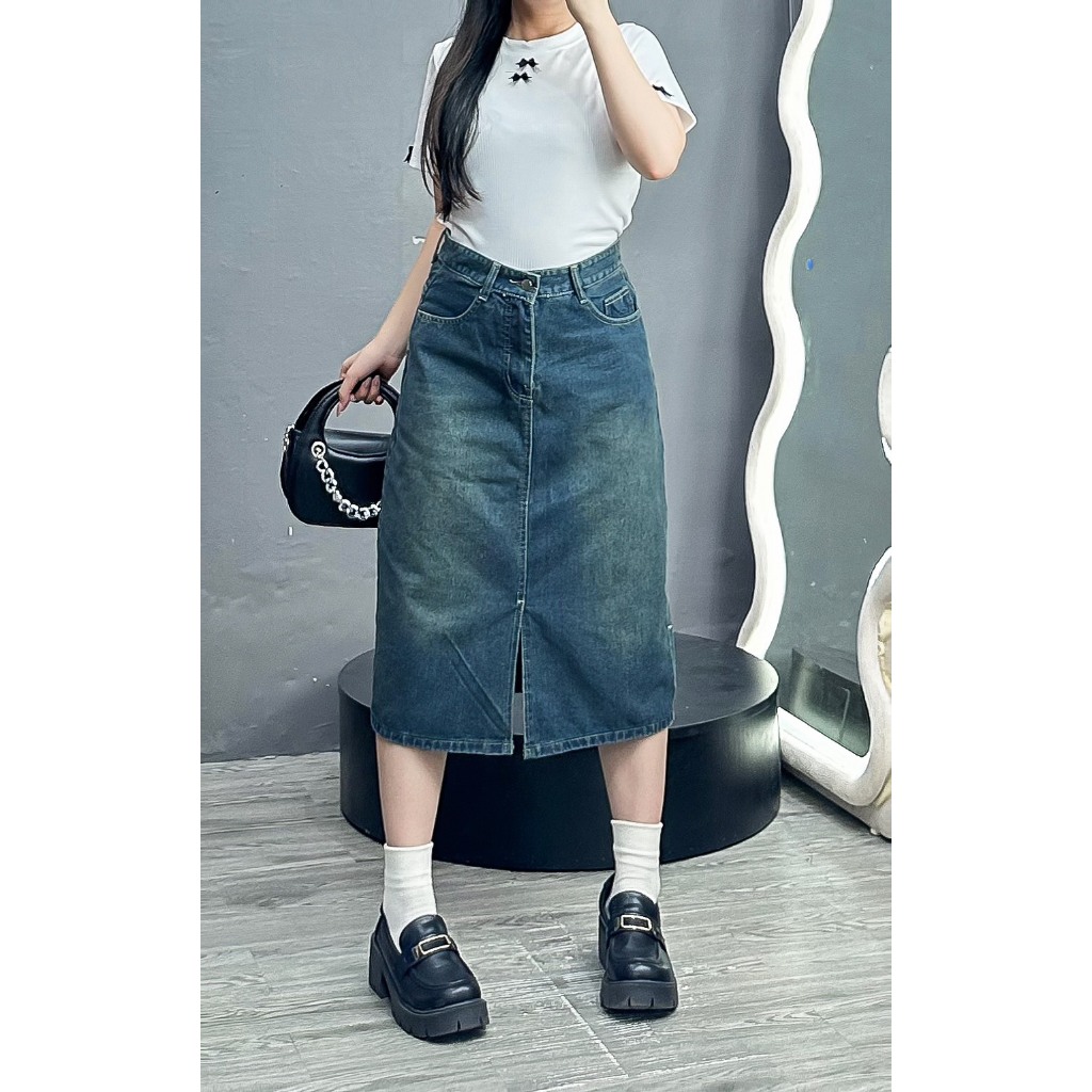 Chân Váy Jean Dáng Dài Xẻ Tà Bigsize Nữ,Chân Váy Bò Cạp Cao Ôm Eo Phong Cách Ulzzang V5